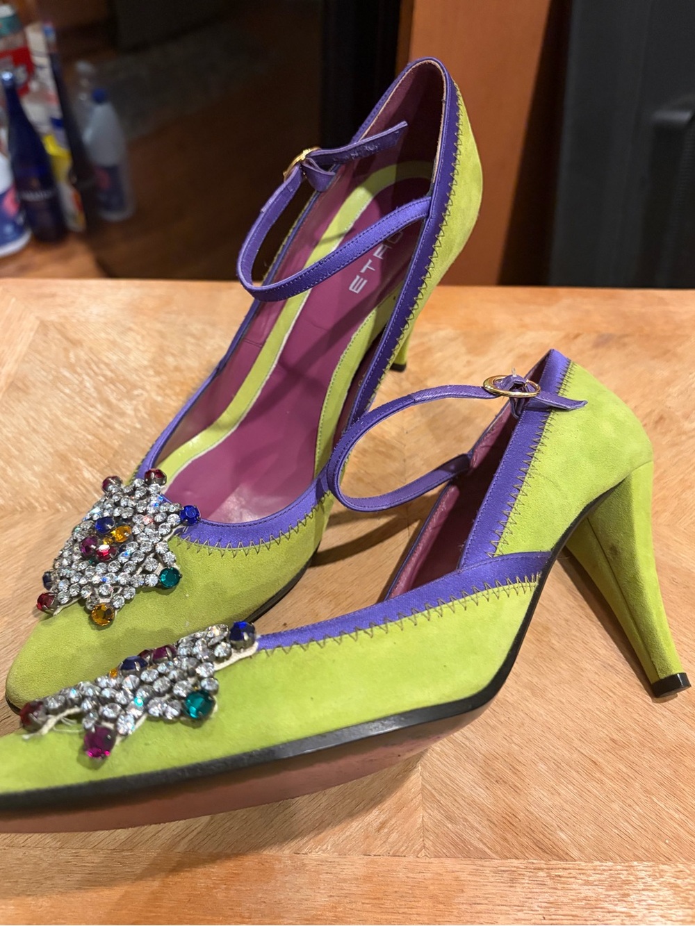 Etro Lime Green and Purple Suede Pointed Mary Jane Pumps with Jeweled Brooch - Picture 14 of 16